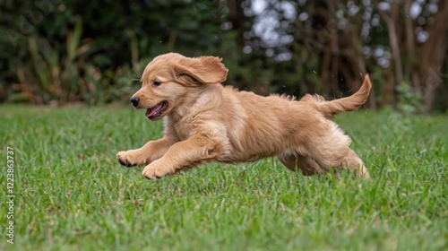 Obraz na płótnie A playful Golden Retriever puppy running across a grassy field with its ears flopping. w salonie