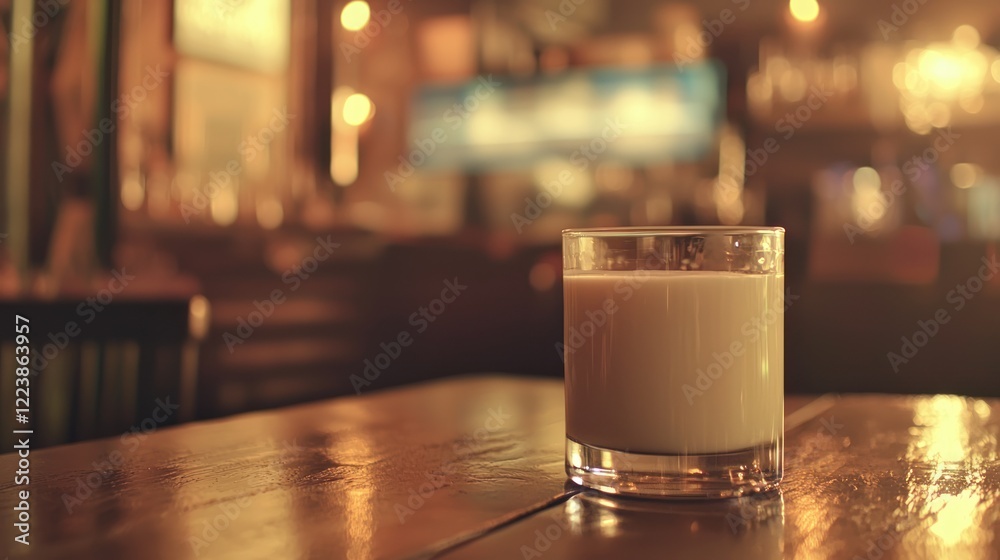 A refreshing glass of milk placed on a wooden table with a soft, warm glow.