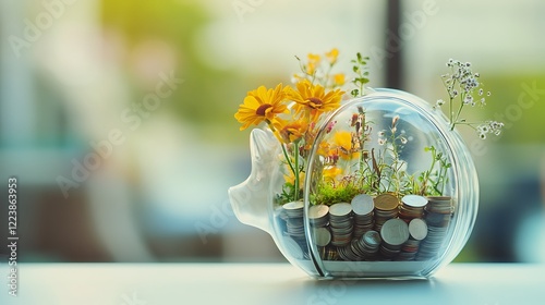 Piggy bank with coins & flowers, outdoor background, financial growth concept