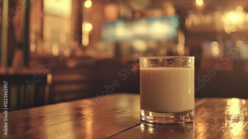 Obraz na płótnie A refreshing glass of milk placed on a wooden table with a soft, warm glow.