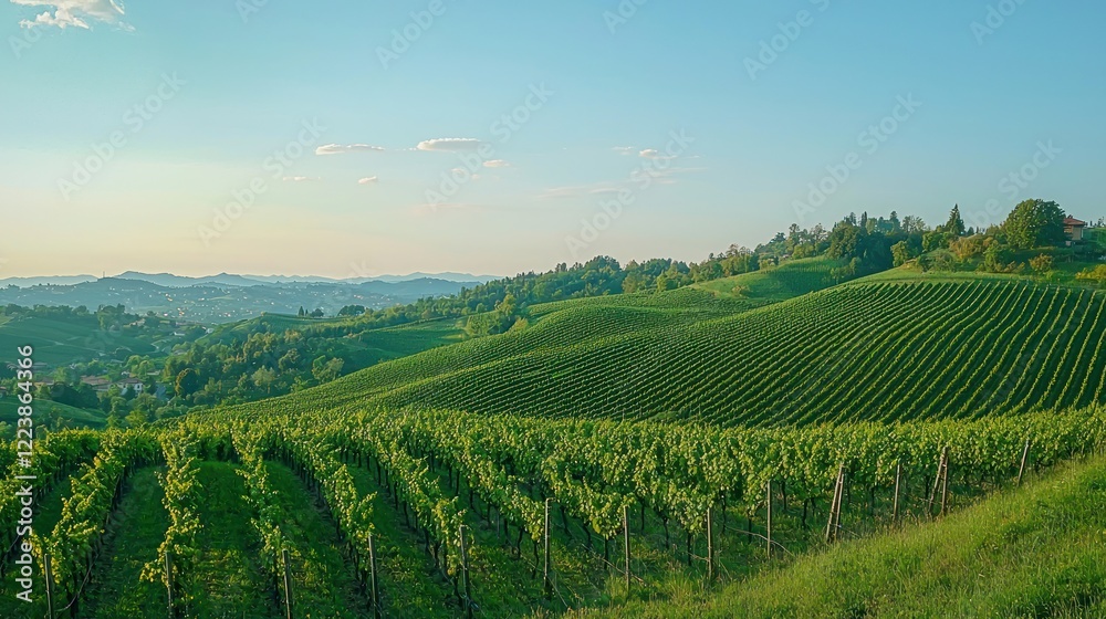 A scenic view of rolling grape vineyard hills, with rows of lush vines under a clear blue sky.