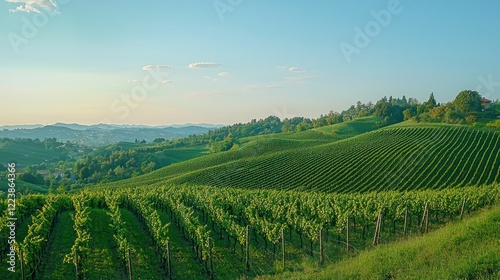 Obraz na płótnie A scenic view of rolling grape vineyard hills, with rows of lush vines under a clear blue sky. w salonie