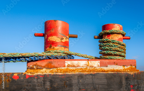 Obraz na płótnie Closeup of two old bollards with braided mooring rope against the blue sky. w salonie