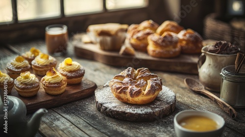 Obraz na płótnie A selection of delicious pastries and desserts on a wooden table, perfect for an afternoon treat. w salonie