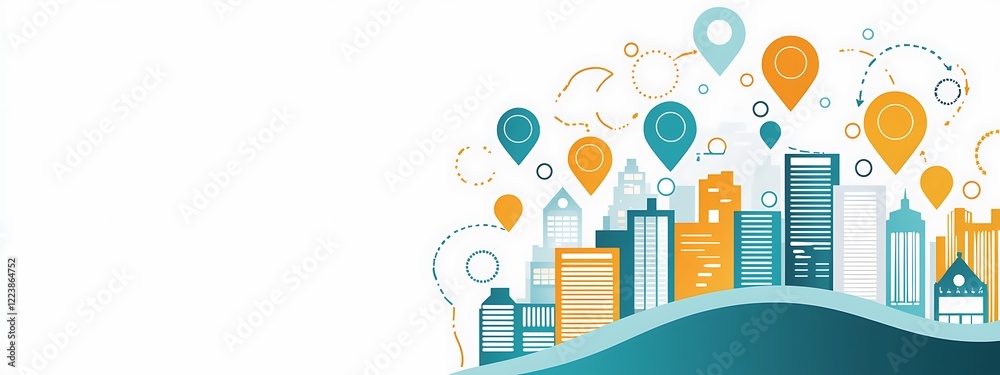 Obraz premium Urban Landscape with Location Markers and Waves