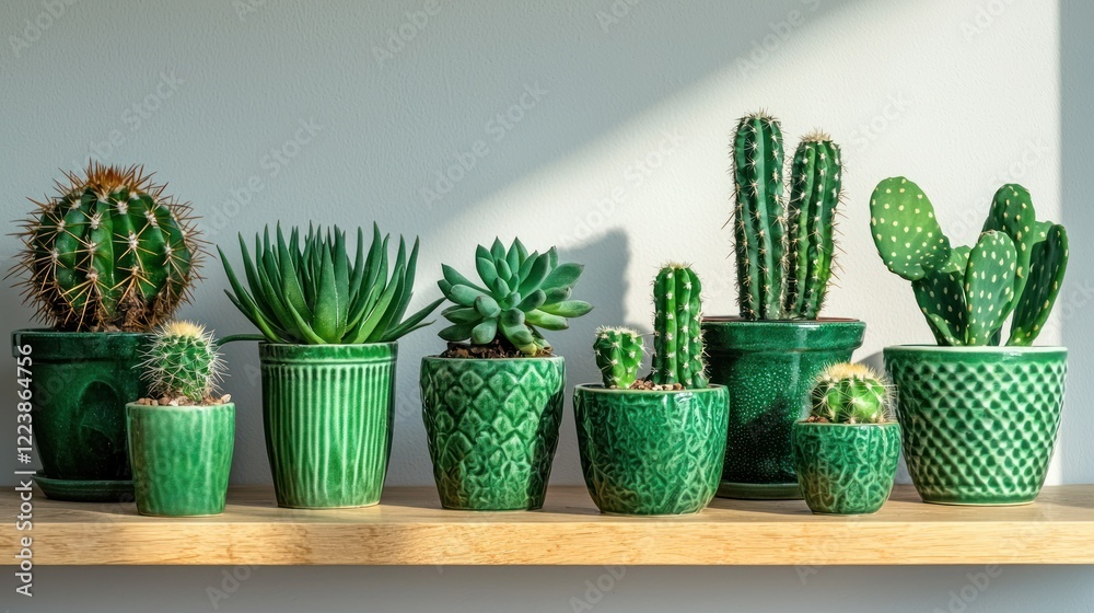 A series of green cactus pots arranged on a shelf, adding a touch of greenery to the interior.