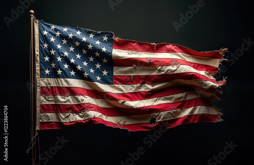 Torn American flag hangs from weathered pole. Fabric ripped, tattered. Flag appears to old, worn from time, use. Image symbolic of national pride, sacrifice. Flag shows damage from time use.