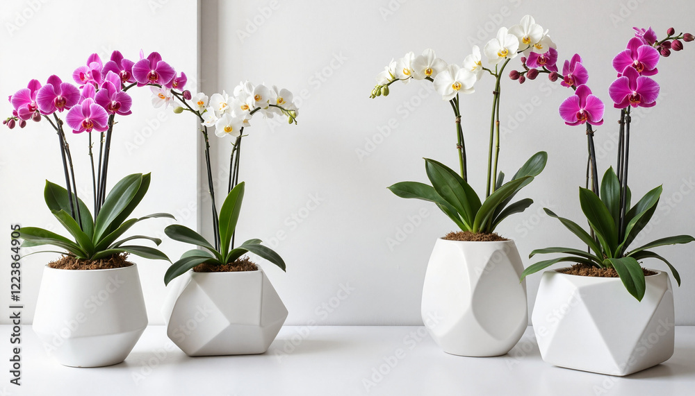 Orchids in modern pots displaying beauty on a light background, Orchid display Orchids in modern pots displaying beauty on a light background, Orchid display