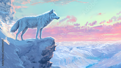 A lone wolf standing on a snowy ridge, gazing over a vast, pastel-hued ice-covered valley. Arctic Ridge. Illustration photo