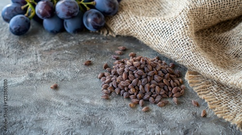 Obraz na płótnie A small pile of grape seeds placed on a textured cloth with whole grapes nearby. w salonie