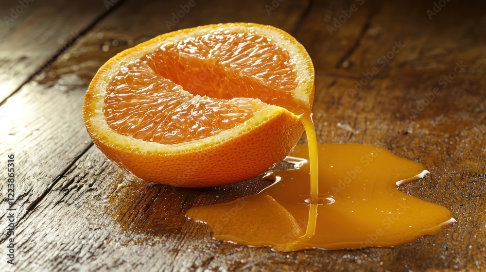 A sliced grapefruit on a wooden table, with fresh juice spilling out of the fruit.