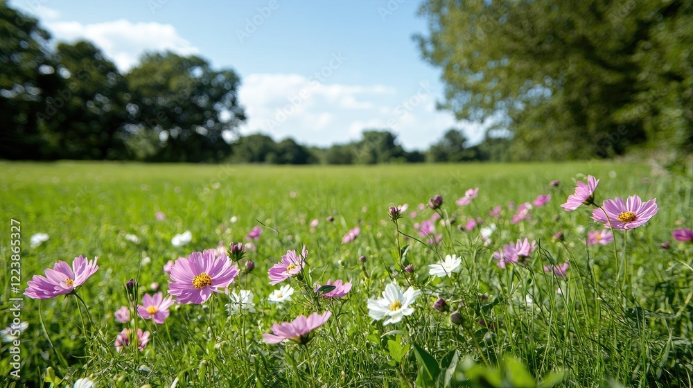 Summer meadow with cosmos flowers, park background Summer meadow with cosmos flowers, park background