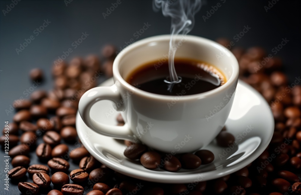 Hot coffee cup with steam rising. Coffee beans surround cup. Morning beverage. Aromatic hot drink. Freshly roasted beans. Coffee shop. Relaxing moment. Espresso. Breakfast. Morning routine. Cafe Hot coffee cup with steam rising. Coffee beans surround cup. Morning beverage. Aromatic hot drink. Freshly roasted beans. Coffee shop. Relaxing moment. Espresso. Breakfast. Morning routine. Cafe