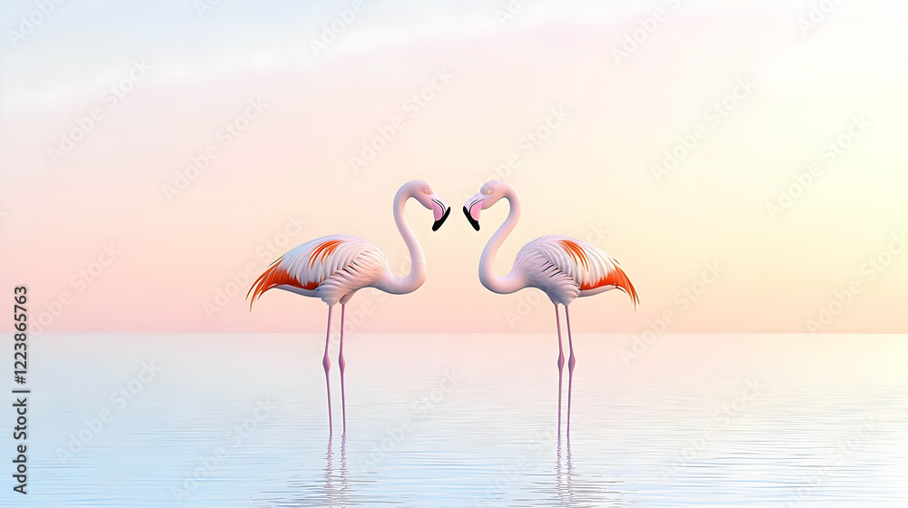 Naklejka premium Two elegant flamingos stand gracefully in calm waters, forming a heart shape with their necks against a soft pastel sunset backdrop.