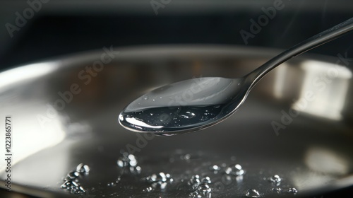 Obraz na płótnie A spoonful of ghee melting in a hot pan, ready to sauté vegetables in a kitchen.