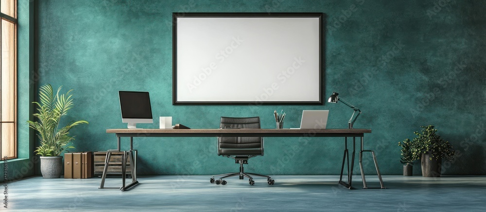 Modern teal workspace with desk, computer, and blank frame. Modern teal workspace with desk, computer, and blank frame.