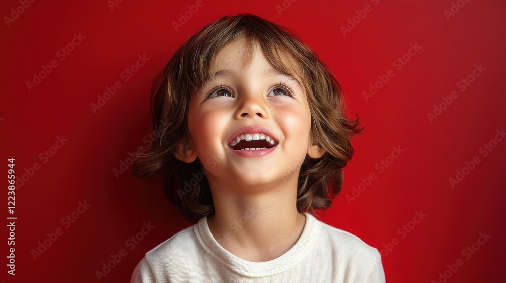 Laughing Asian Boy Smiling Joyfully Against Red Background Emphasizing Emotion and Expression of Happiness