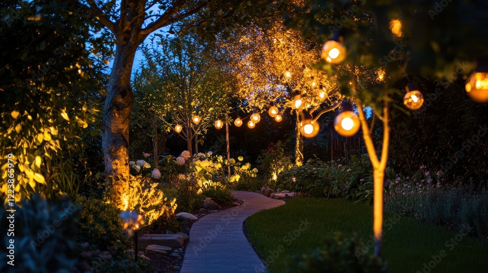 A string of glowing light bulbs illuminating a garden at night.