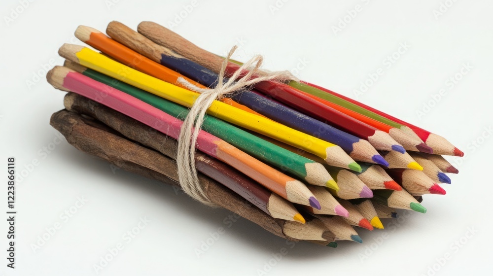 Fototapeta premium A bundle of colorful pencils tied together with twine, ready for creative expression.