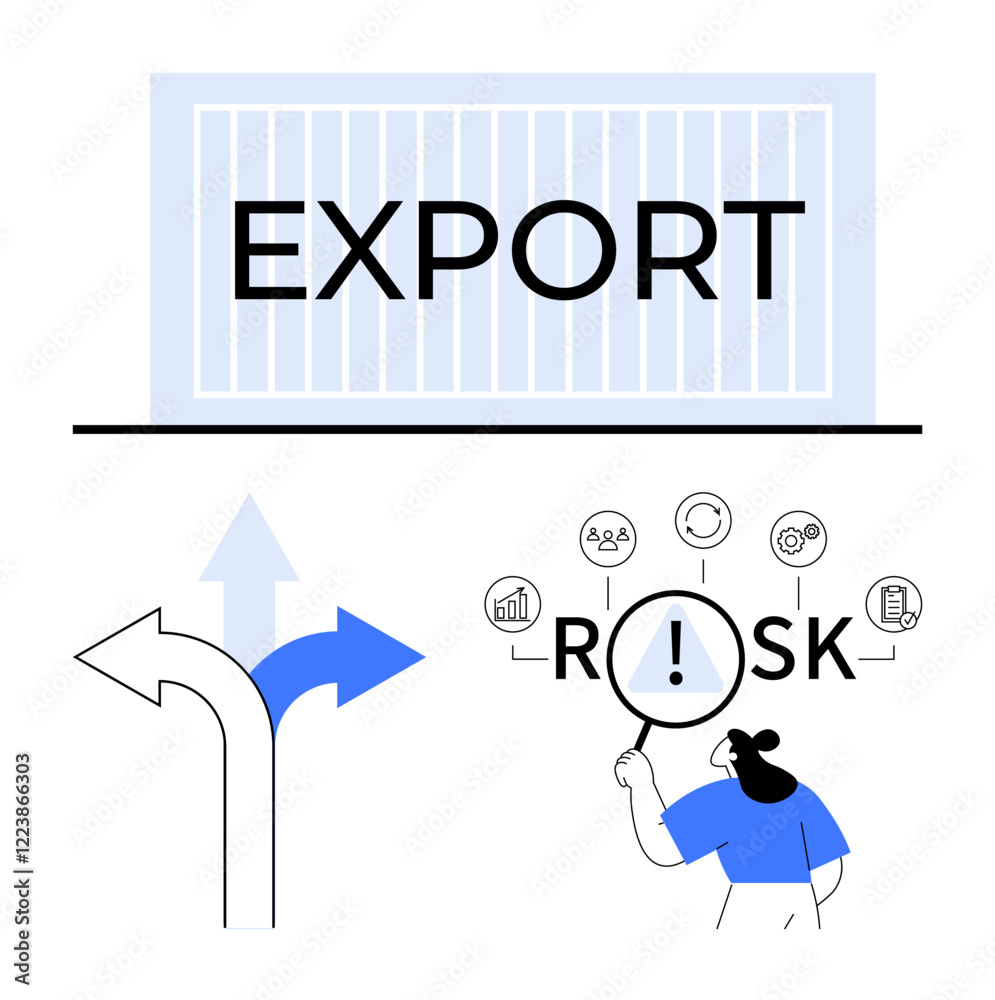 Container labeled EXPORT, diverging arrows for choices, magnifying glass over RISK icons. Ideal for logistics, global trade, decision-making, business strategy, market analysis, risk management Container labeled EXPORT, diverging arrows for choices, magnifying glass over RISK icons. Ideal for logistics, global trade, decision-making, business strategy, market analysis, risk management