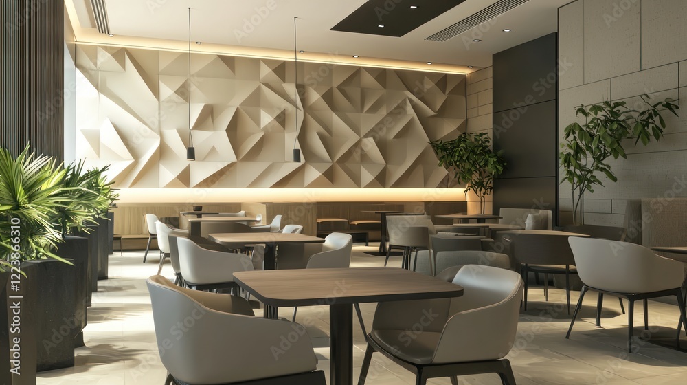 A stylish dining area with geometric wall decorations and a sleek table design.