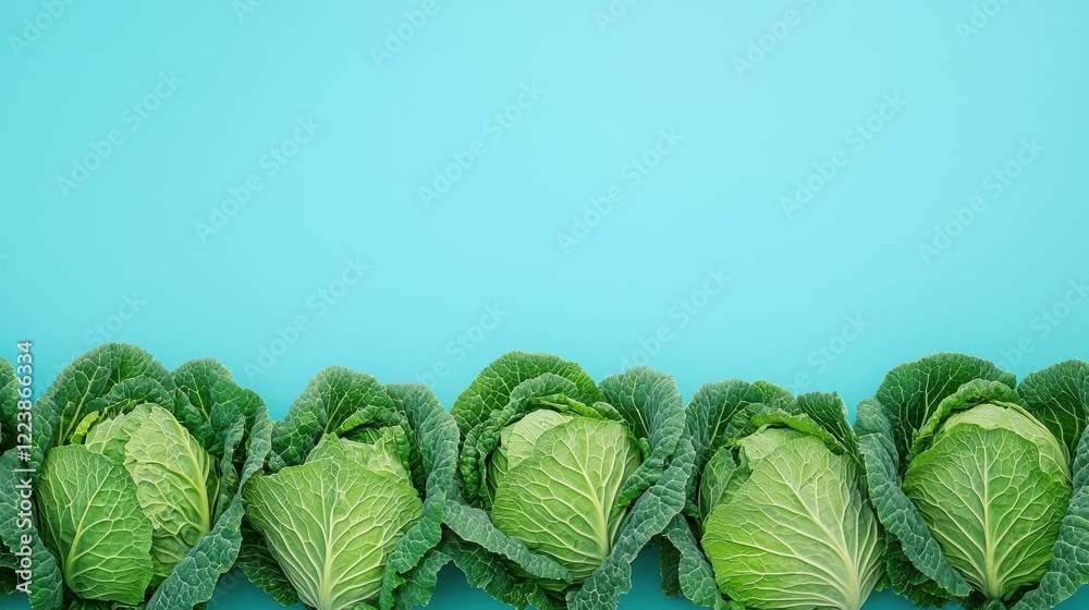 Fototapeta premium Lush Green Cabbage Field Under Clear Blue Sky