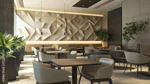 Obraz na płótnie A stylish dining area with geometric wall decorations and a sleek table design. w salonie