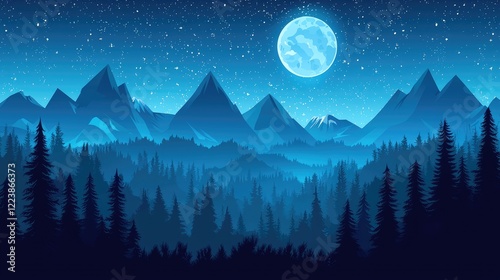 Full Moon Illuminating a Mountainous Forest Under a Starry Night Sky photo