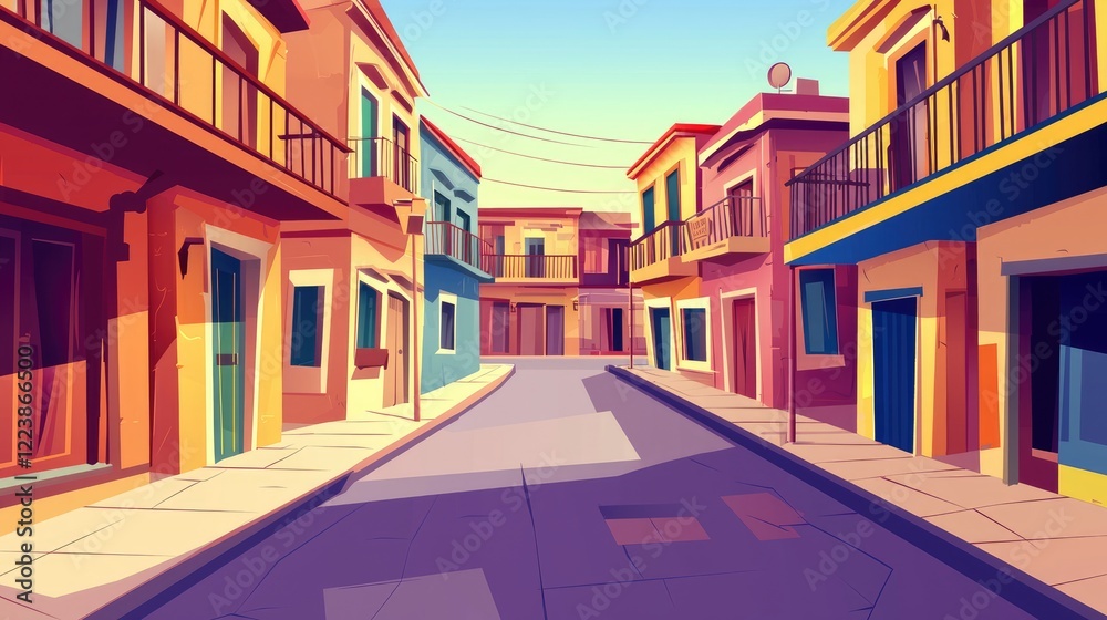 Fototapeta premium Colorful Row Houses with Balconies on a Narrow Street