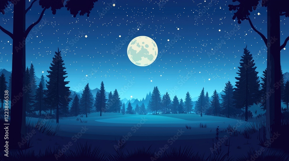 Naklejka premium Full Moon Illuminating a Silhouetted Forest at Night