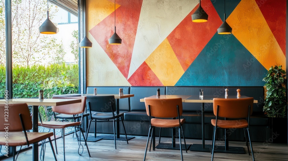 A stylish dining area with geometric wall decorations and a sleek table design.