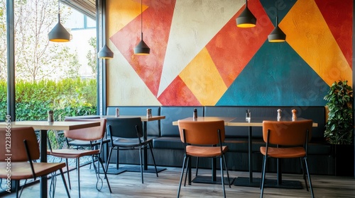 Obraz na płótnie A stylish dining area with geometric wall decorations and a sleek table design. w salonie