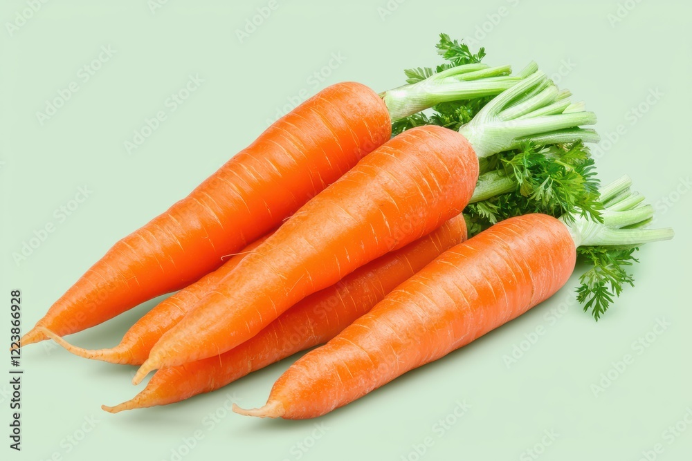 Fresh carrots with vibrant green tops on pastel background Fresh carrots with vibrant green tops on pastel background