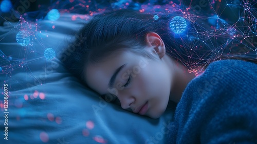Teen girl sleeping soundly, dreaming, neural network overlay