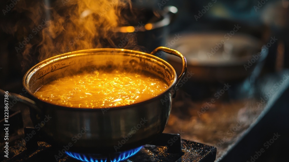 A traditional cooking pot with ghee, simmering and releasing a golden glow on the stove.