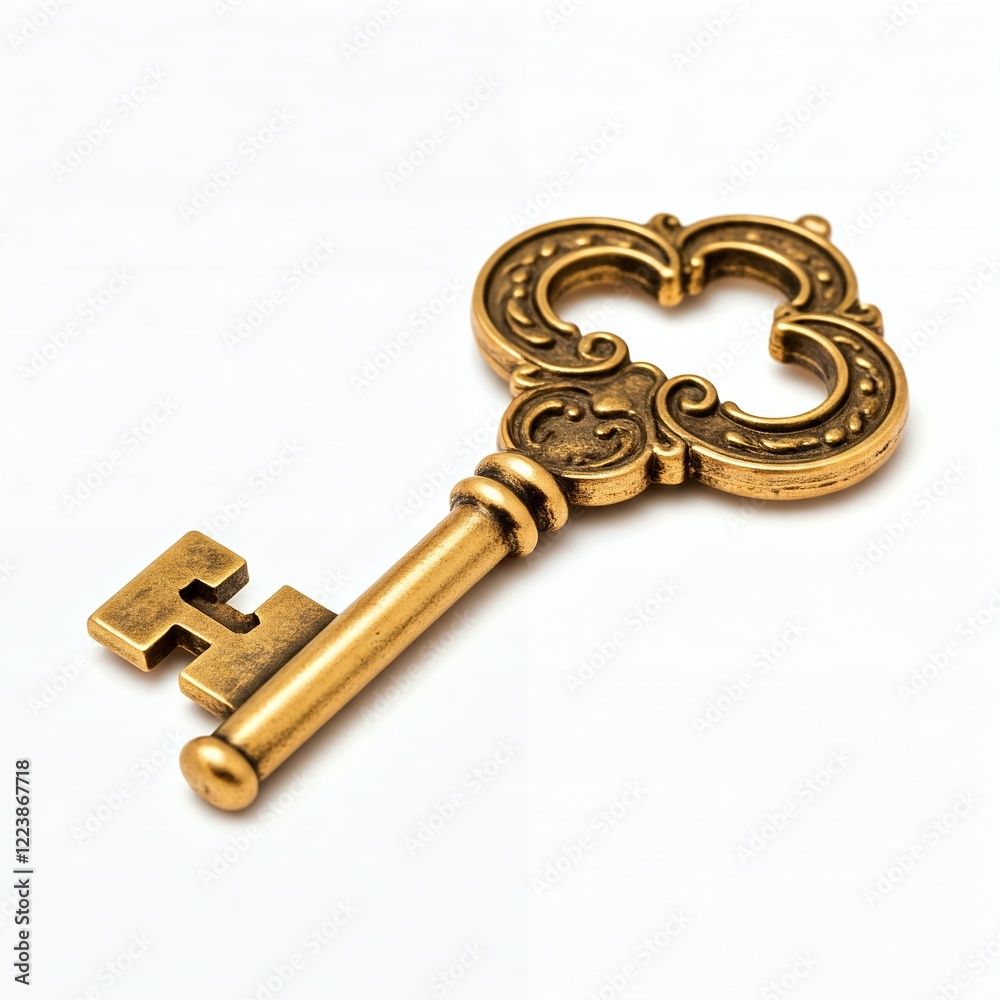 A golden key with ornate carvings, isolated on white background. A golden key with ornate carvings, isolated on white background.