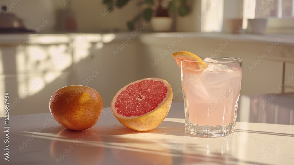 A vibrant grapefruit placed on a bright, white kitchen table with a refreshing drink beside it.