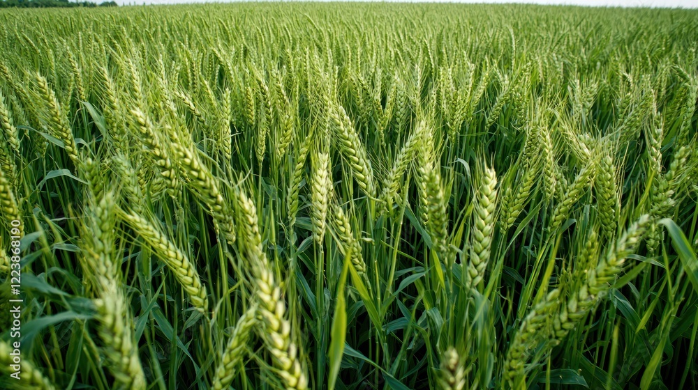 A vibrant green grain field with rows of crops growing neatly, under a bright morning sky.