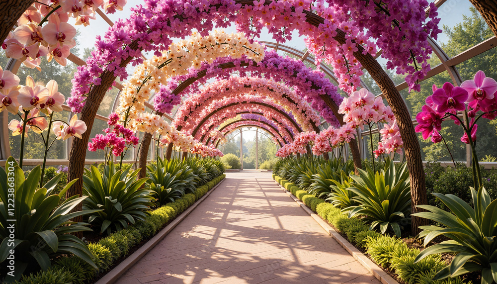 Obraz premium Orchid flower archway in a beautiful botanical garden, Orchid display