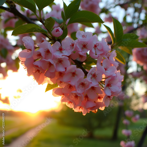 Beautiful, fragrant bird cherry (Prunus padus, hackberry, hagberry or Mayday tree) at sunset, spring evening, in the countryside. photo