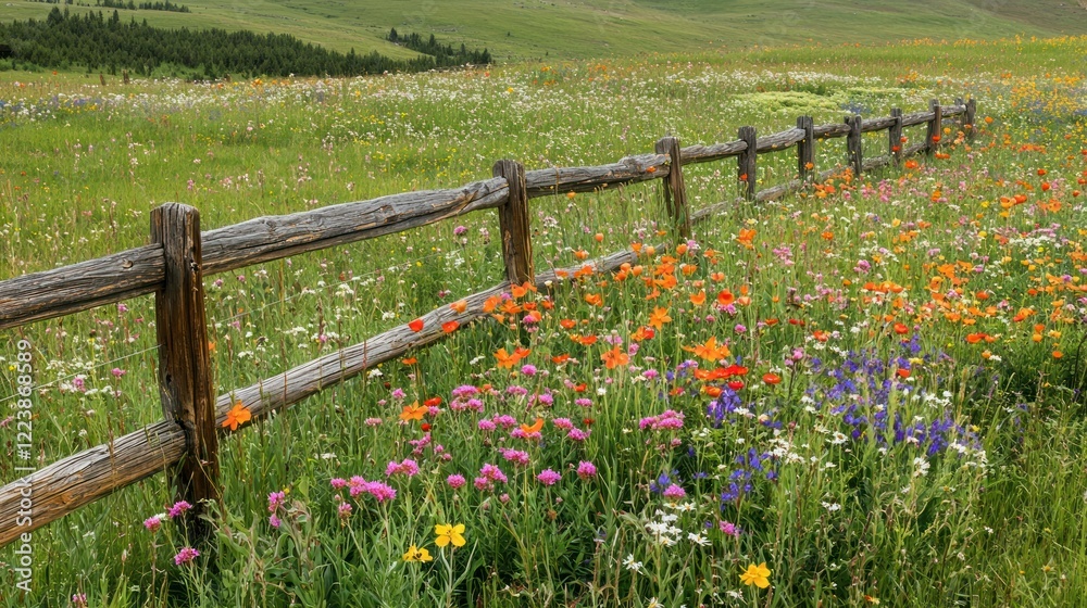 A vibrant green pasture with wildflowers blooming and a wooden fence in the foreground