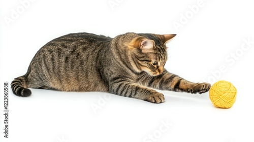 Playful tabby cat batting at a yellow yarn ball.
