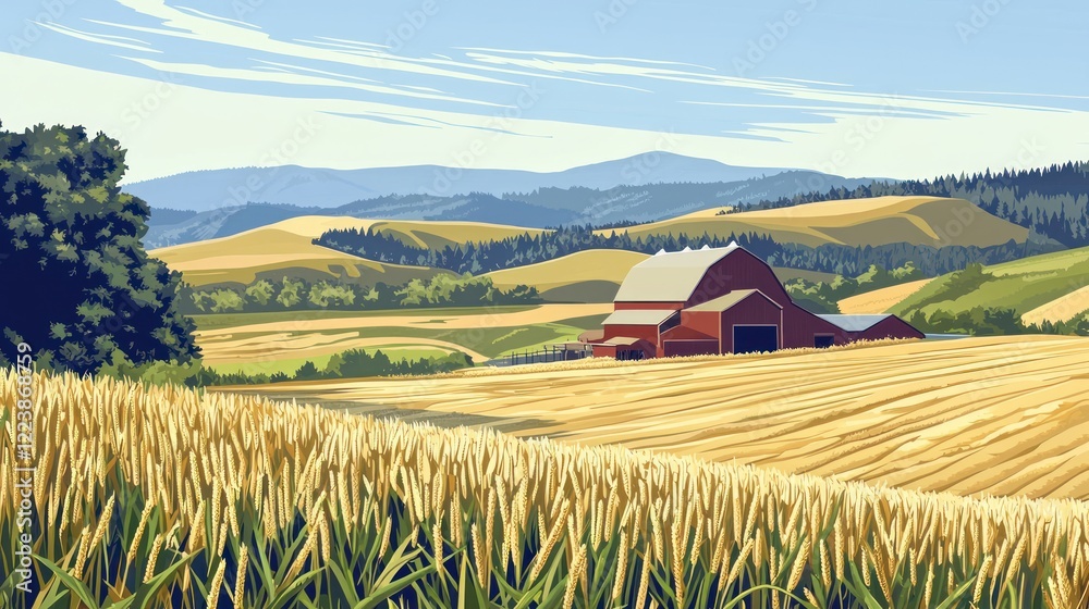 A wide-angle view of a lush grain field with a distant barn and rolling hills in the background.