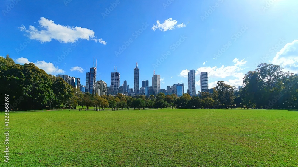 A wide-angle shot of a modern city skyline with green parks in the foreground.