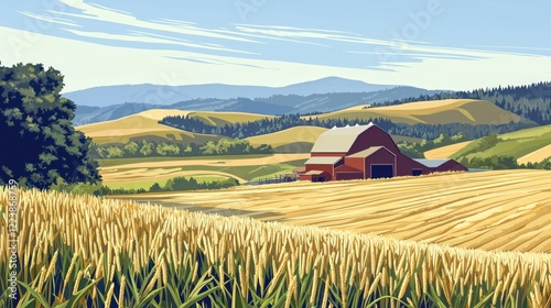 A wide-angle view of a lush grain field with a distant barn and rolling hills in the background.