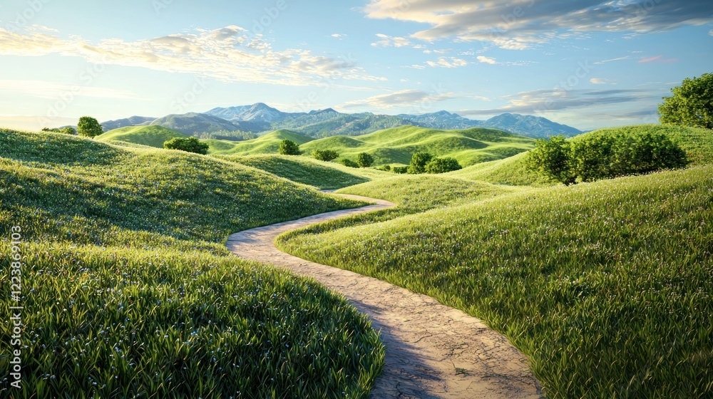 A winding path through grape vineyard hills, with the distant mountains as a backdrop.