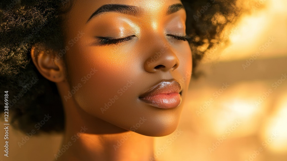 A woman’s face with radiant, glistening skin, gently touched by sunlight.