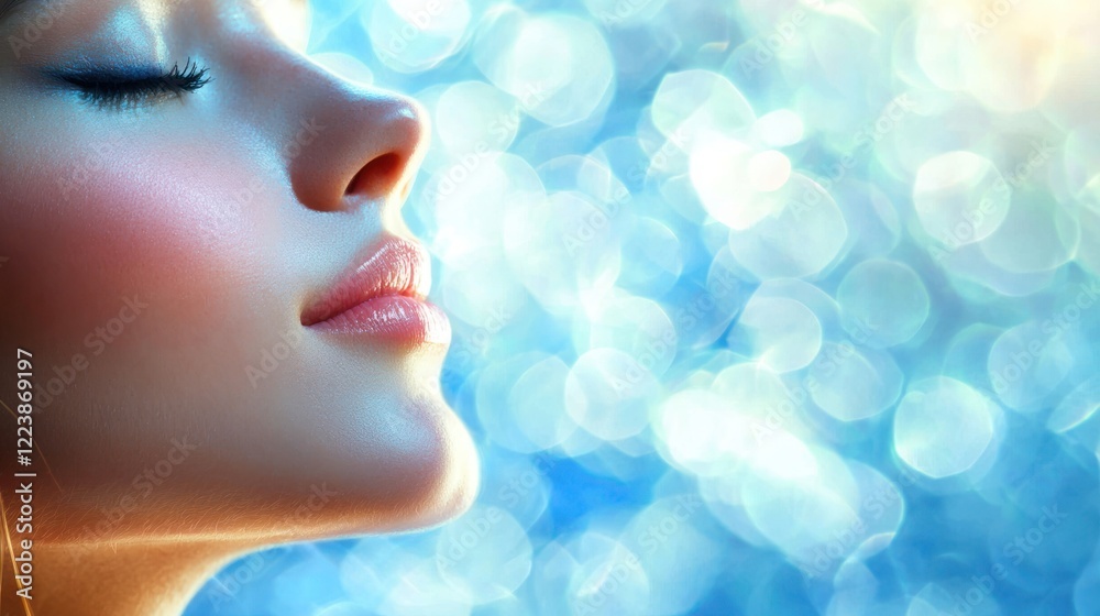 A woman’s face with radiant, glistening skin, gently touched by sunlight.