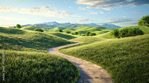 Obraz na płótnie A winding path through grape vineyard hills, with the distant mountains as a backdrop. w salonie