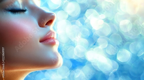 Obraz na płótnie A woman’s face with radiant, glistening skin, gently touched by sunlight.